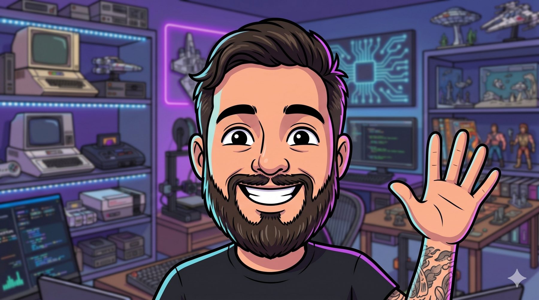 Victor waving from his neon-lit nerd cave, surrounded by retro computers and code on the screens
