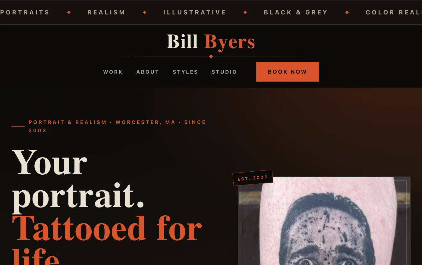 The redesigned Bill Byers Tattoos homepage, leading with a portrait tattoo