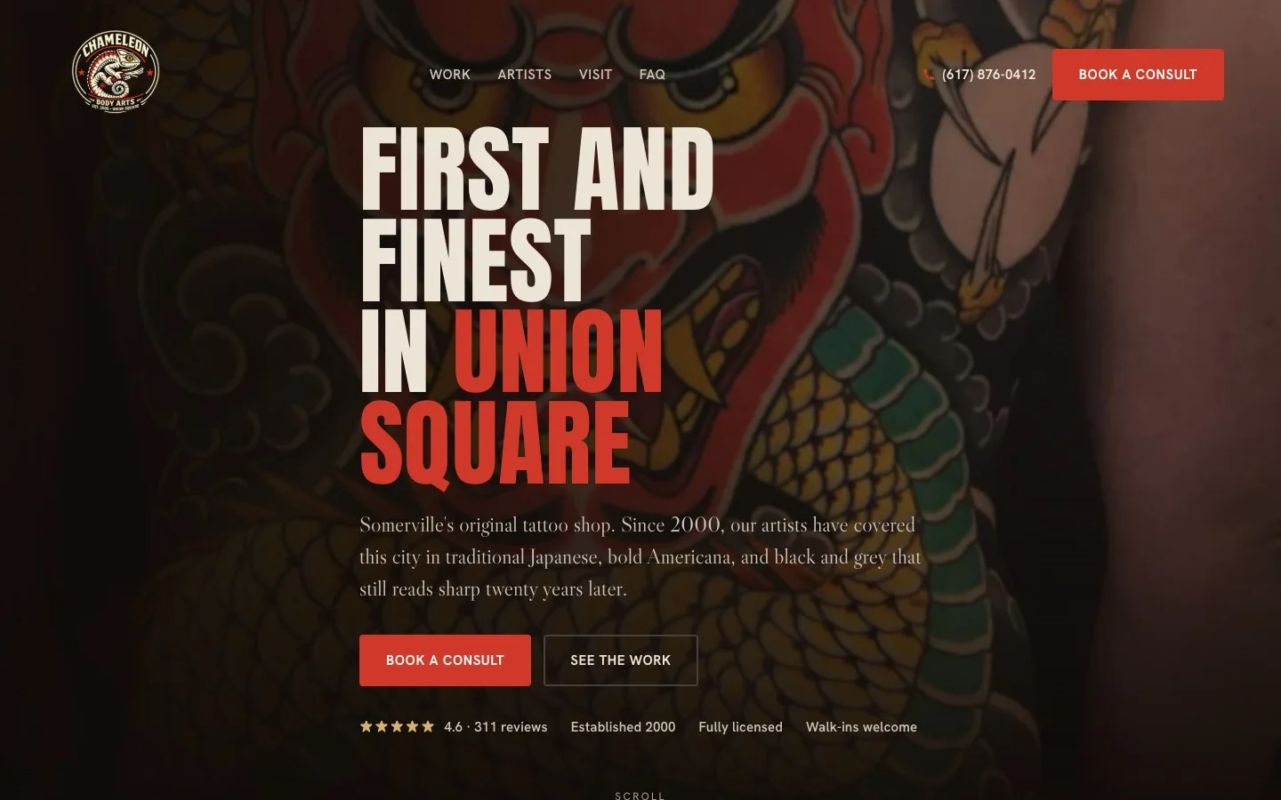 The redesigned Chameleon Tattoo homepage, leading with a full Japanese backpiece and a clear book a consult button