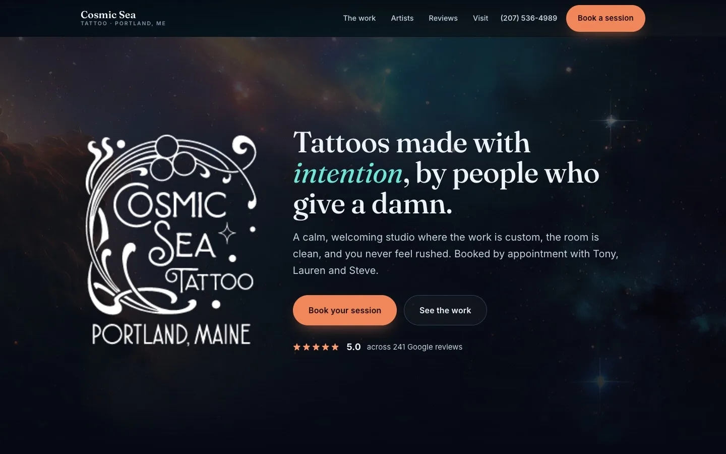 The redesigned Cosmic Sea Tattoo homepage, leading with the studio logo over a deep space sky