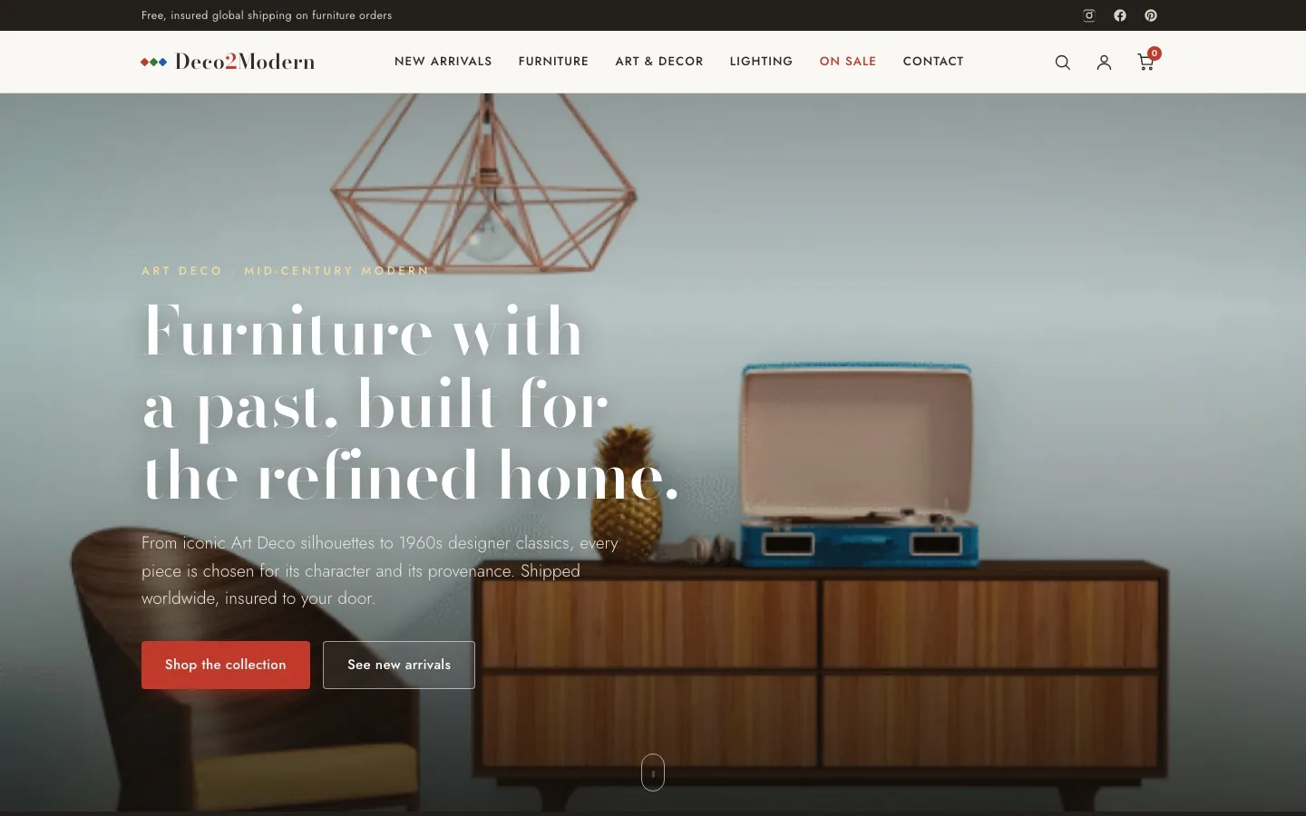 The redesigned Deco2Modern storefront, leading with a mid-century walnut credenza
