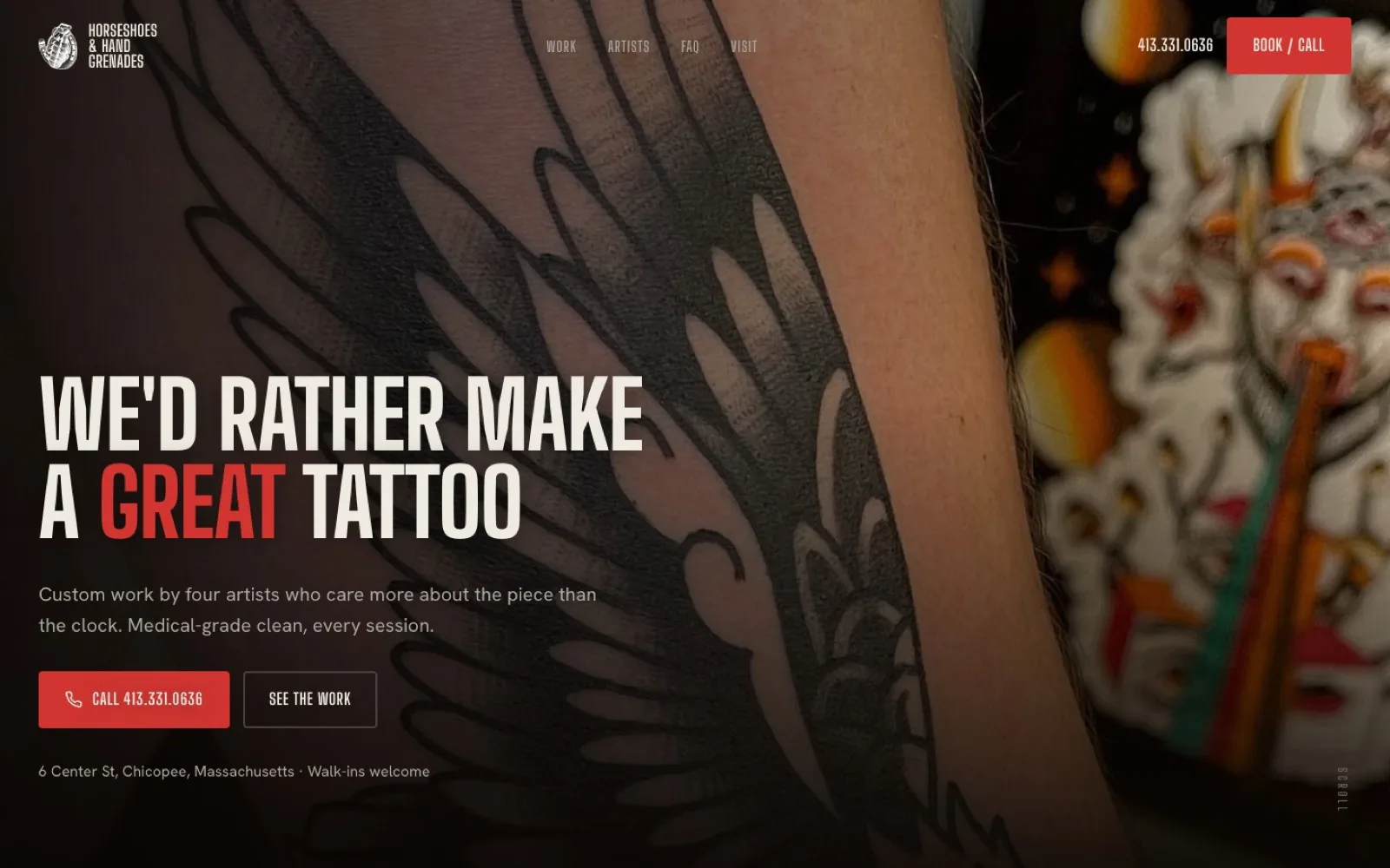 The redesigned Horseshoes and Hand Grenades Tattoo homepage, leading with a bold American traditional eagle tattoo and a tap-to-call number
