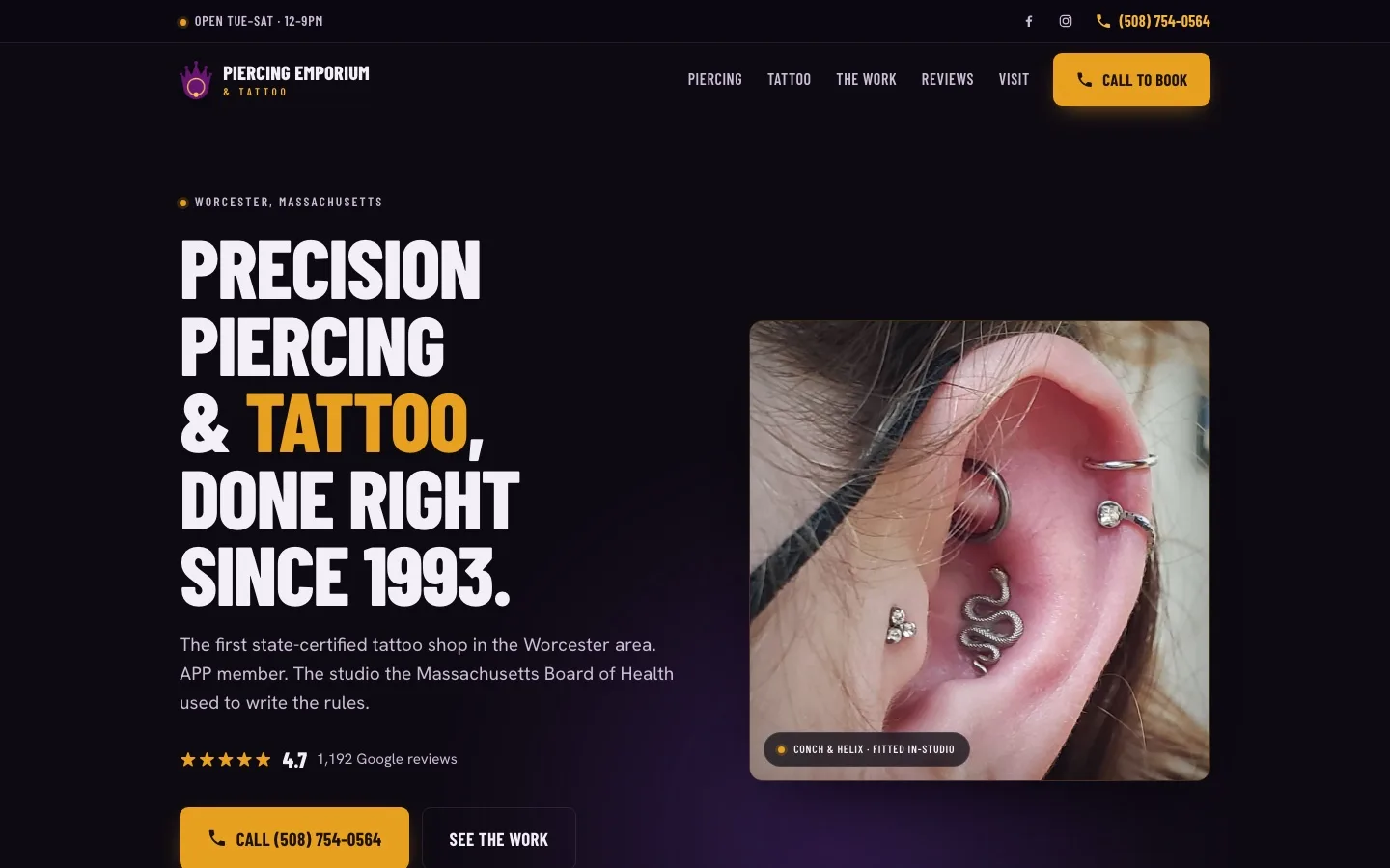 The redesigned Piercing Emporium homepage, leading with a detailed ear piercing photo