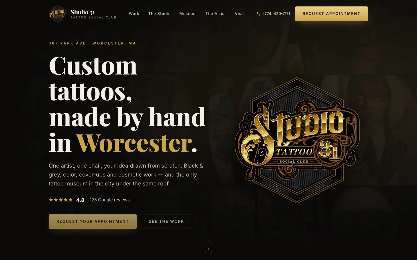 The redesigned Studio 31 homepage, leading with the gold hexagon logo and an artist at work